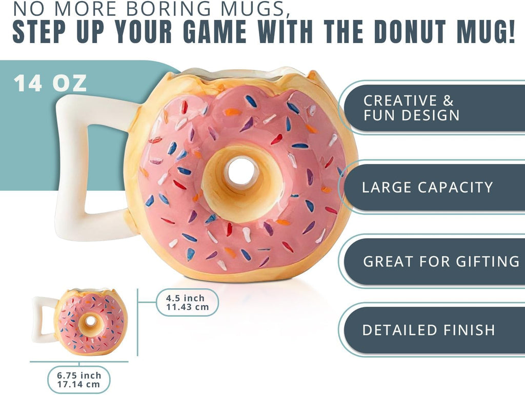 Ceramic Donut Mug – Pink Glaze with Sprinkles – Funny “MMM... Donuts!” Quote – 14 Oz Coffee Cup for Tea, Hot Chocolate, and More – Giftable Novelty Drinkware