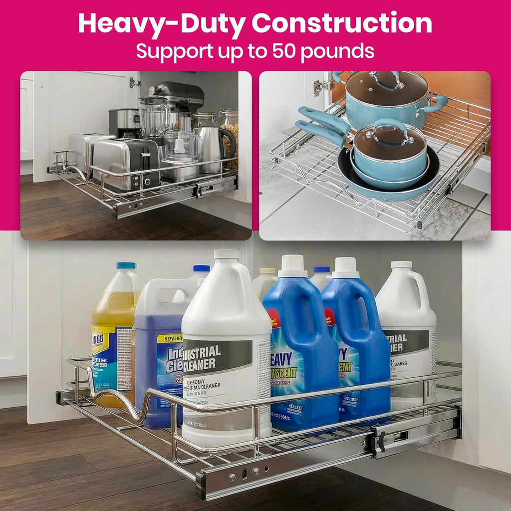 Pull Out Cabinet Organizer, Heavy Duty Caddy W/Lifetime Limited Warranty -20”W X 21”D - Requires at Least 21-1/4” Cabinet Opening, Steel Metal Cabinet Drawers Slide Out, Chrome