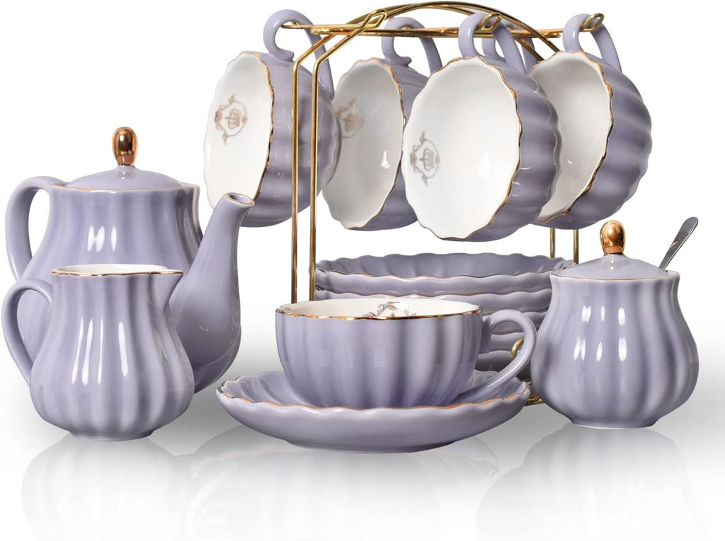 Porcelain Tea Sets British Royal Series, 8 OZ Cups& Saucer Service for 6, with Teapot Sugar Bowl Cream Pitcher Teaspoons and Tea Strainer for Tea/Coffee, Pukka Home(Purple)