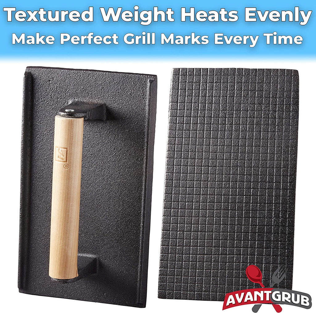 Pro Grade, Pre Seasoned Cast Iron Grill Weight 3Pk. Heavy Duty Steak and Burger Press with Wooden Handle for Grills, Griddles and Flattops. Perfect Gadget for Bacon, Paninis, Sandwiches and Vegetables