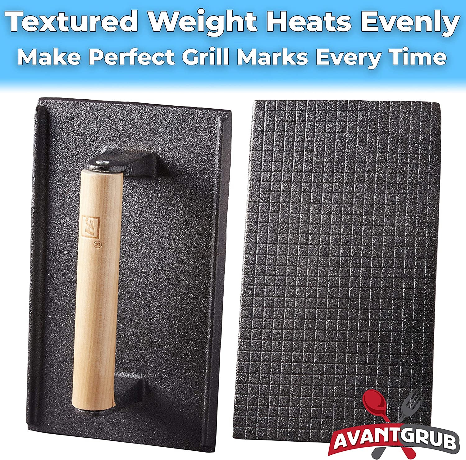 Pro Grade, Pre Seasoned Cast Iron Grill Weight 3Pk. Heavy Duty Steak and Burger Press with Wooden Handle for Grills, Griddles and Flattops. Perfect Gadget for Bacon, Paninis, Sandwiches and Vegetables