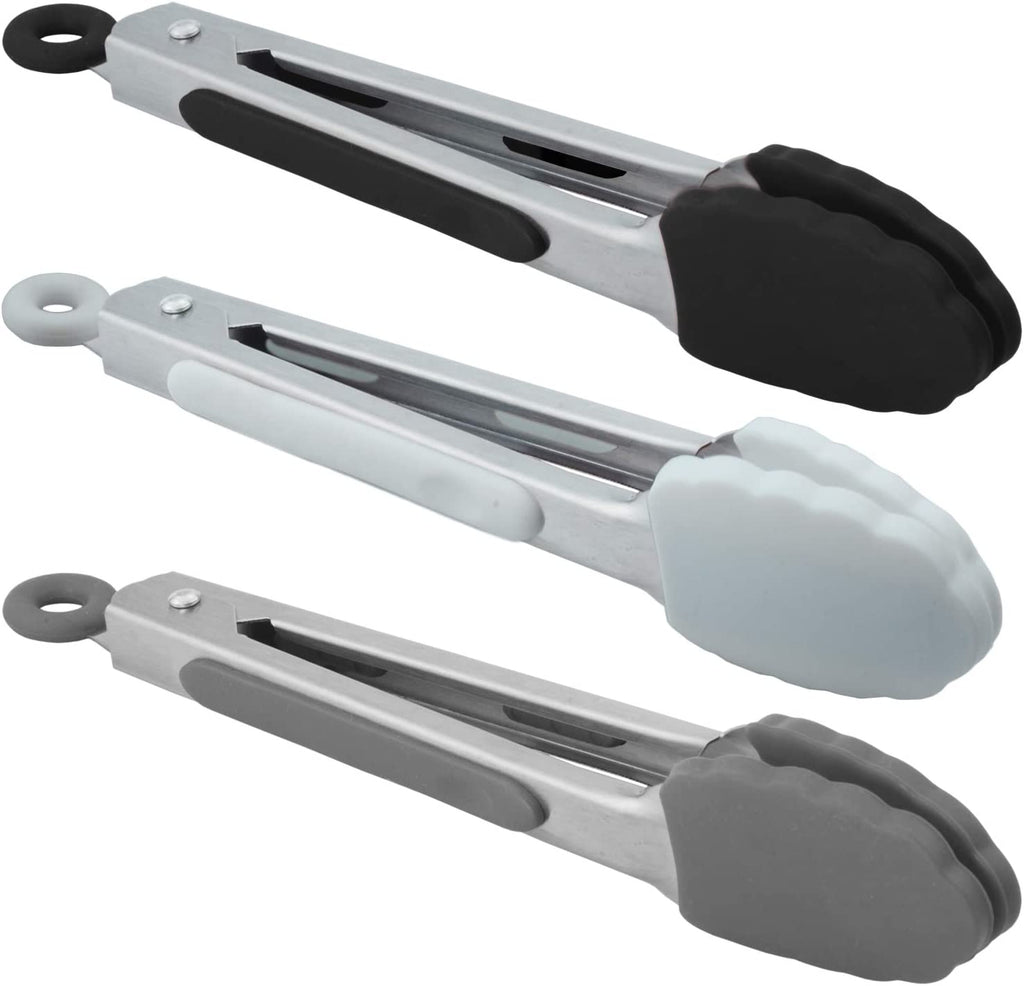 Small Silicone Tongs 7-Inch Mini Serving Tongs, Set of 3 (Black White Gray)