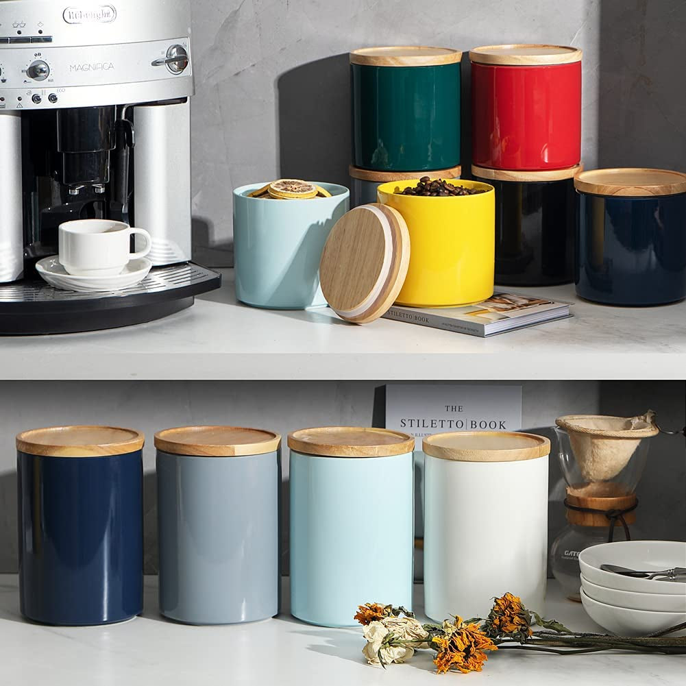 Kitchen Canisters Ceramic Food Storage Jar, Stackable Containers with Airtight Seal Wooden Lid for Serving Coffee Bean, Flour, Tea, Spice and More - 39 Fl Oz (Turquoise)
