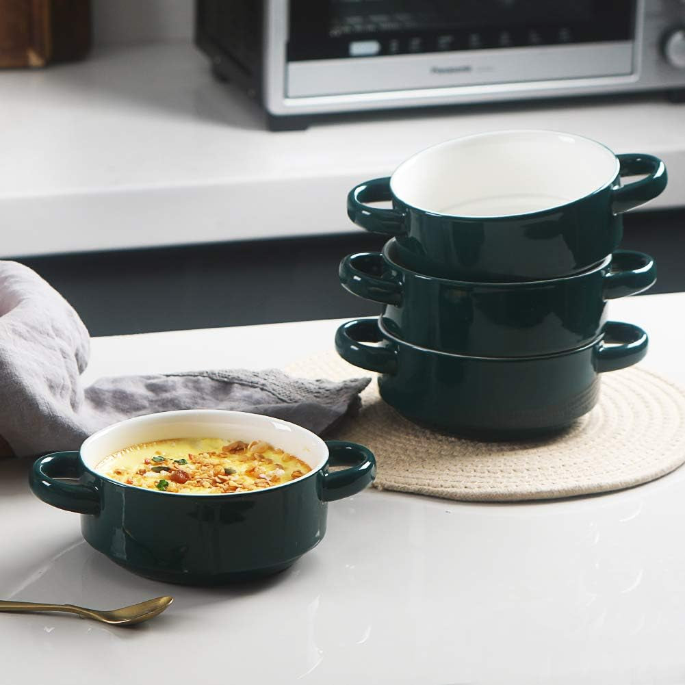Ceramic Soup Bowls with Double Handles, 20 Oz Stacked Bowls for French Onion Soup, Cereal, Pot Pies, Stew, Chill, Pasta, Set of 4 (Jade)