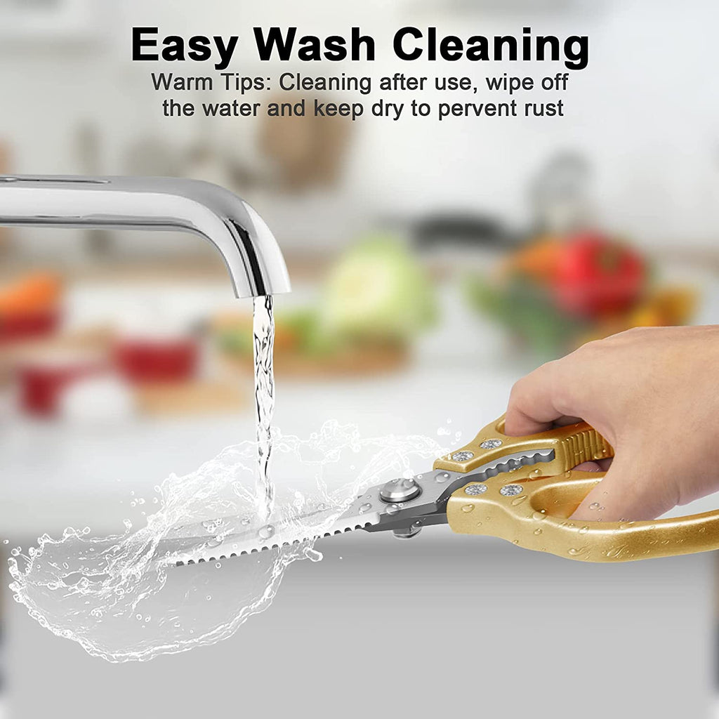 Kitchen Scissors All Purpose Heavy Duty, Ultra Sharp Stainless Steel Kitchen Shears Dishwasher Safe, Cooking Shears for Chicken, Poultry, Fish, Meat, Herbs & Grapes with Non-Slip Grips - Gold