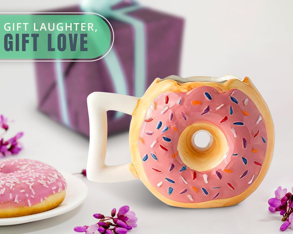 Ceramic Donut Mug – Pink Glaze with Sprinkles – Funny “MMM... Donuts!” Quote – 14 Oz Coffee Cup for Tea, Hot Chocolate, and More – Giftable Novelty Drinkware
