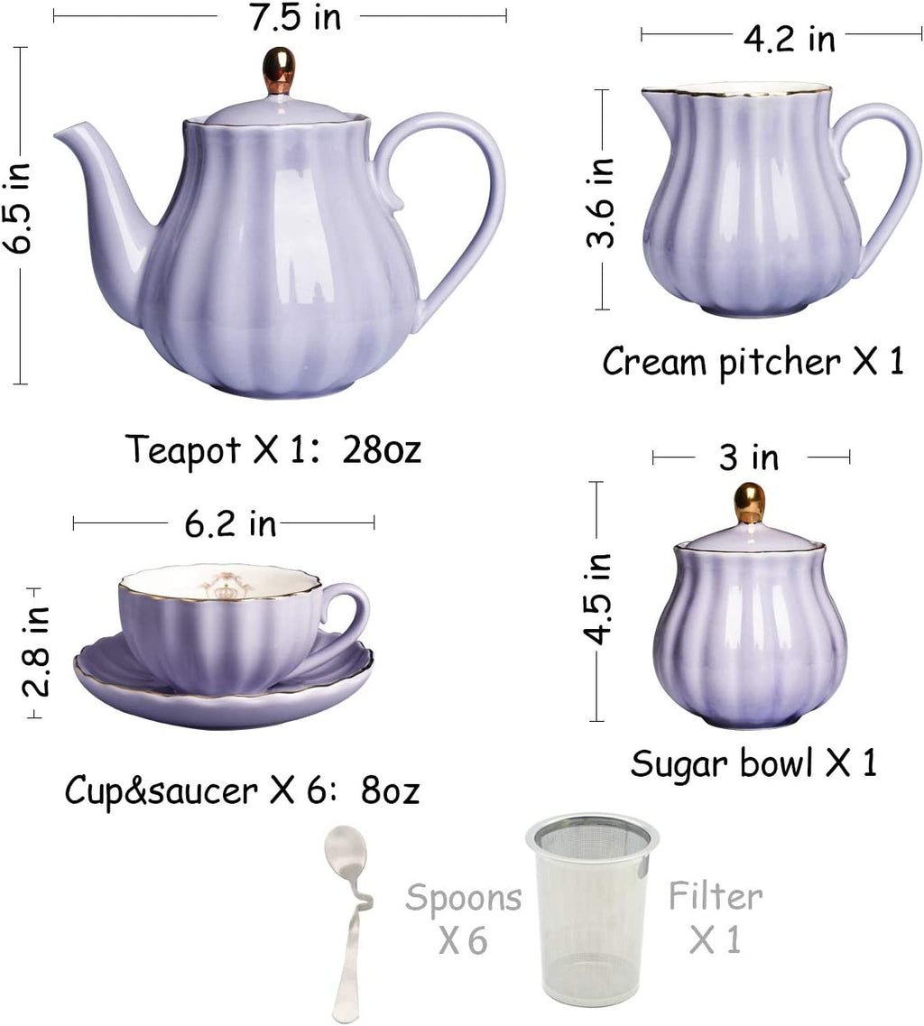 Porcelain Tea Sets British Royal Series, 8 OZ Cups& Saucer Service for 6, with Teapot Sugar Bowl Cream Pitcher Teaspoons and Tea Strainer for Tea/Coffee, Pukka Home(Purple)