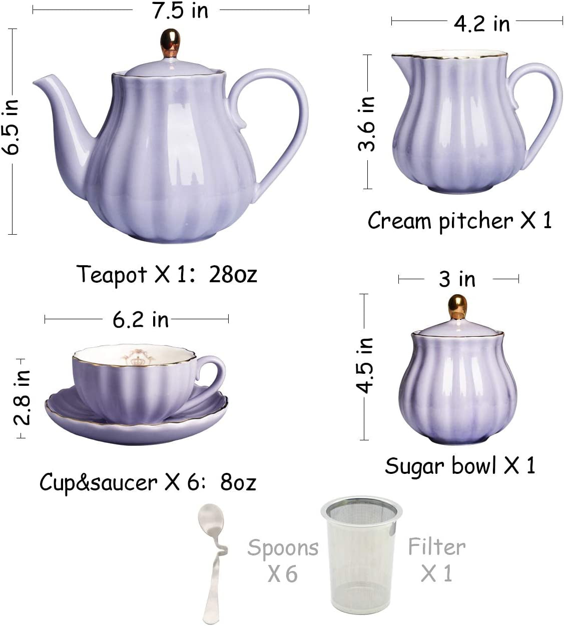 Porcelain Tea Sets British Royal Series, 8 OZ Cups& Saucer Service for 6, with Teapot Sugar Bowl Cream Pitcher Teaspoons and Tea Strainer for Tea/Coffee, Pukka Home(Purple)