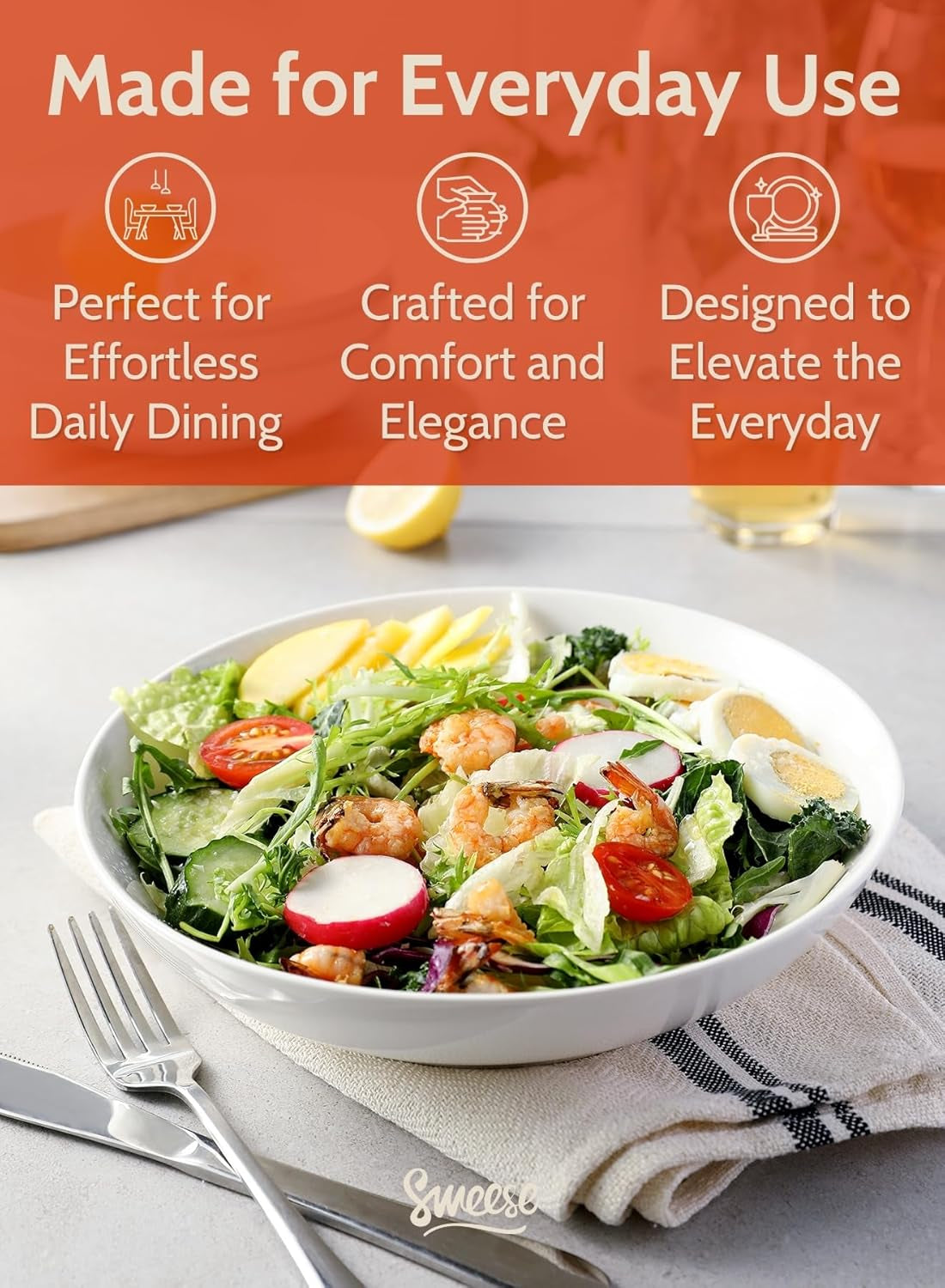 Large Salad Serving Bowls, 30 Ounce Porcelain White Pasta Plates Set of 6, 8.4 Inch Pasta Bowls for Dinner, Salad - Microwave Dishwasher