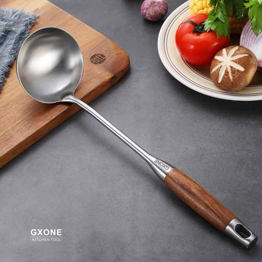 Soup Ladle,304 Stainless Steel Cooking Ladle Spoon Wok Tools with Long Wooden Handle Heat Resistant,Silver/14.6Inch