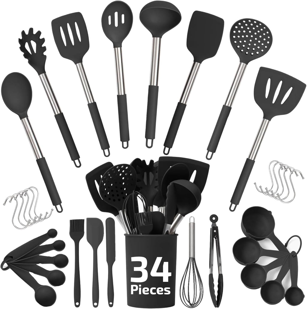 450°F Heat Resistant Silicone Kitchen Utensils Set - 34 Pieces Black Cooking Utensils-Set for Nonstick Cookware - Silicone Spatulas Set, Stainless Steel Handle & Other Kitchen Accessories