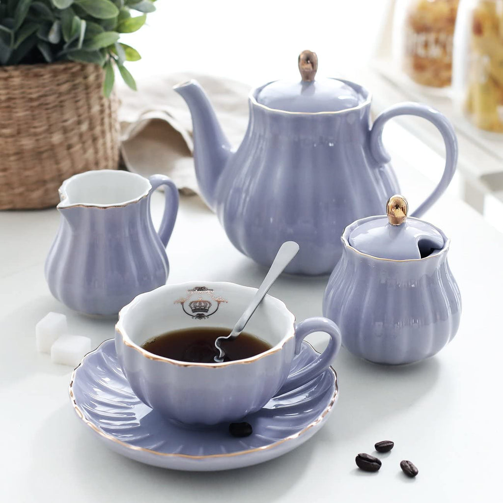 Porcelain Tea Sets British Royal Series, 8 OZ Cups& Saucer Service for 6, with Teapot Sugar Bowl Cream Pitcher Teaspoons and Tea Strainer for Tea/Coffee, Pukka Home(Purple)