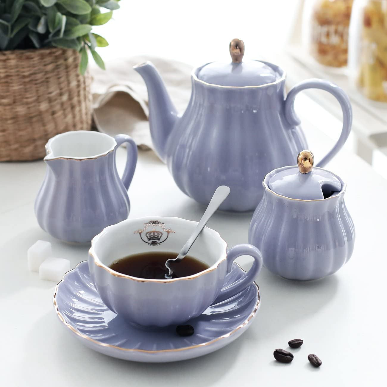Porcelain Tea Sets British Royal Series, 8 OZ Cups& Saucer Service for 6, with Teapot Sugar Bowl Cream Pitcher Teaspoons and Tea Strainer for Tea/Coffee, Pukka Home(Purple)