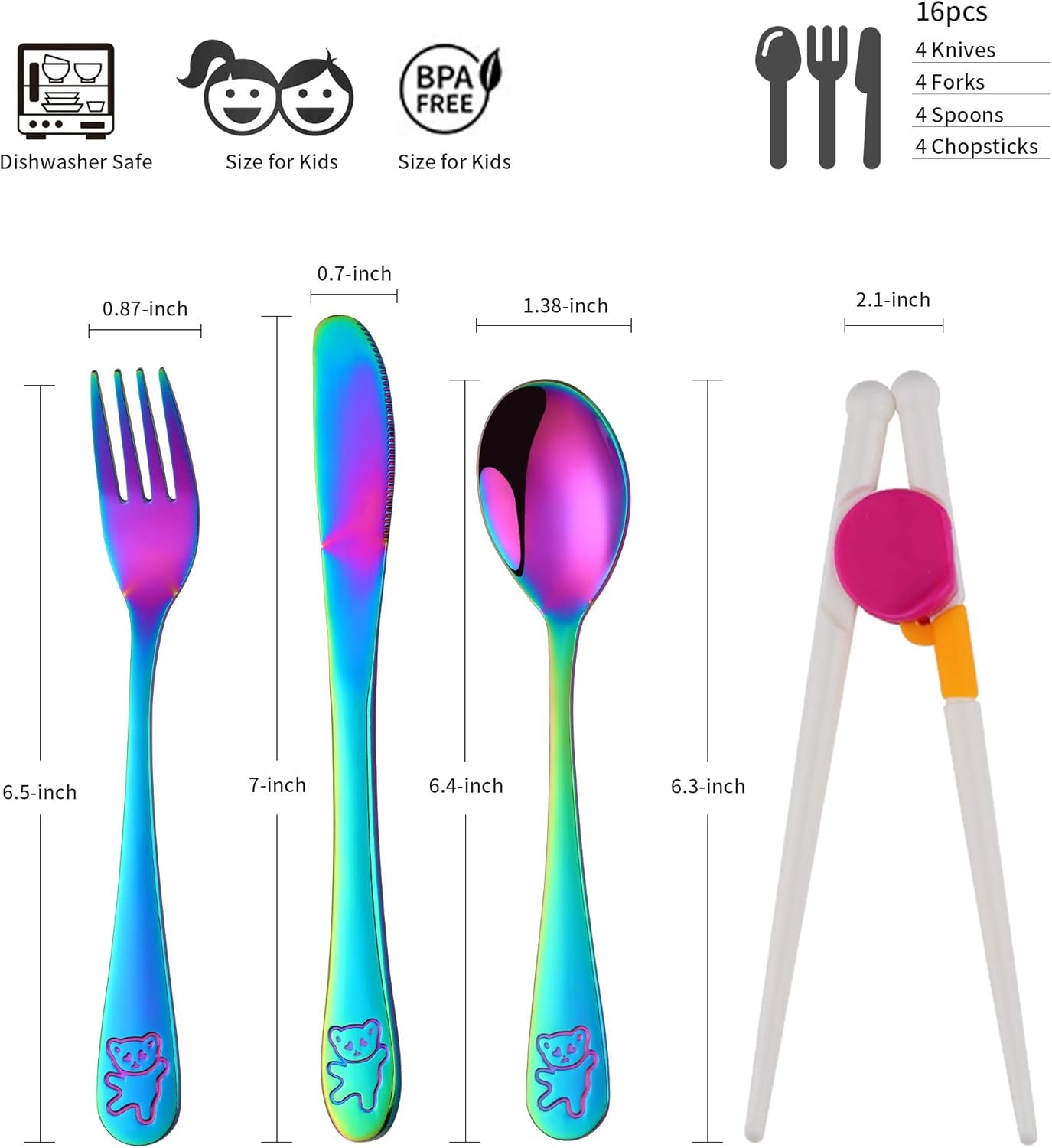 Kids Silverware,  Stainless Steel Children Flatware Set, Toddler Utensils Set of 4, Rainbow