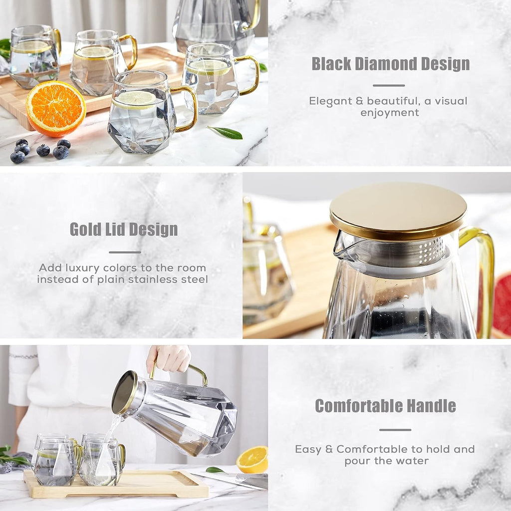Black Diamond Glass Pitcher with Lid [68 Oz], Elegant Design Water Pitcher with Handle, Decoration for Room, High Durability Water Glass Carafe for Ice Tea Maker, Beverage, Hot/Cold Coffee
