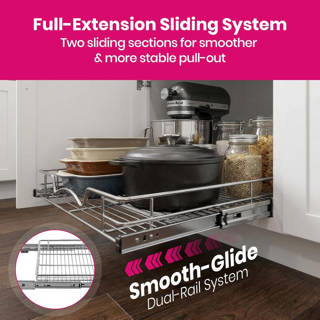 Pull Out Cabinet Organizer, Heavy Duty Caddy W/Lifetime Limited Warranty -20”W X 21”D - Requires at Least 21-1/4” Cabinet Opening, Steel Metal Cabinet Drawers Slide Out, Chrome