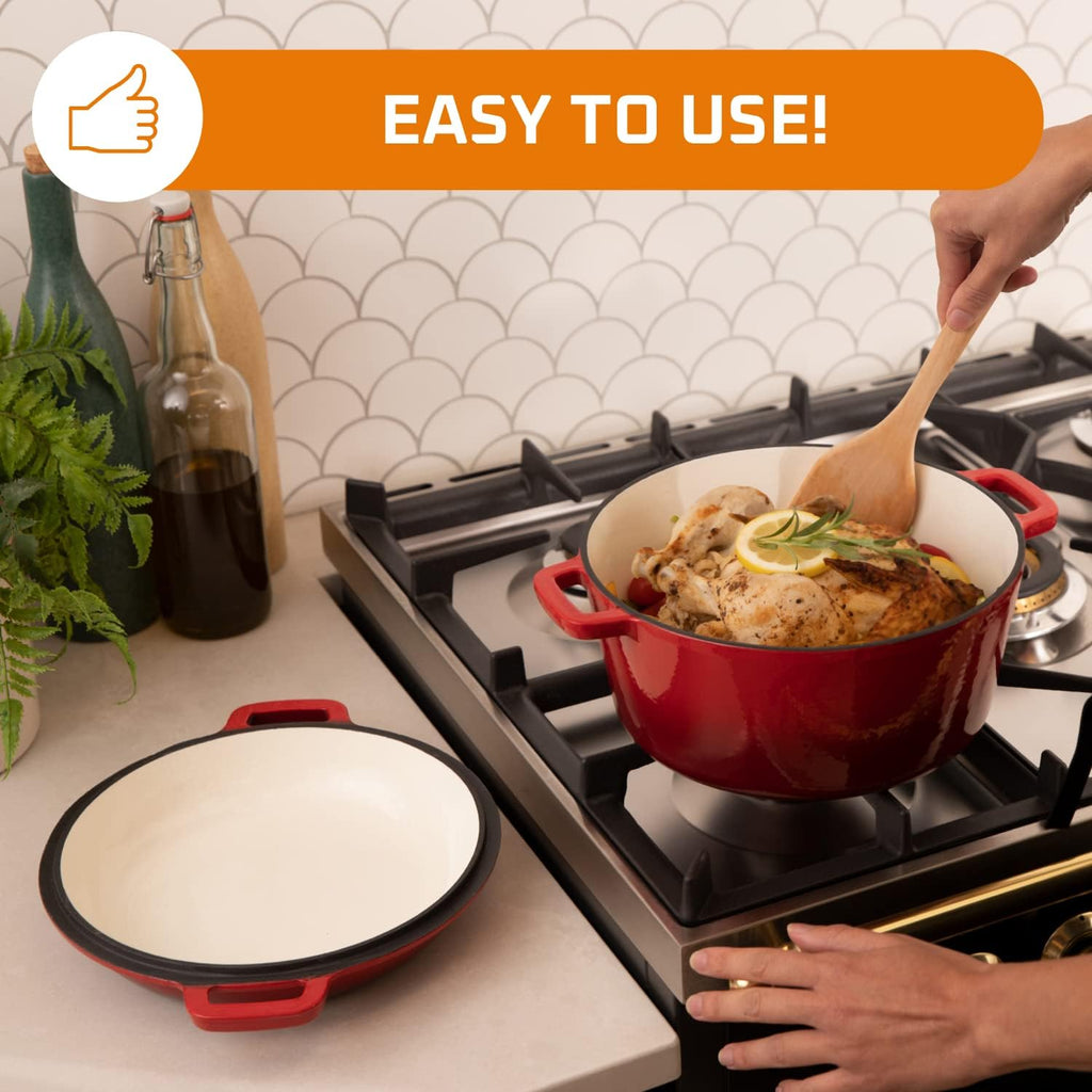 2-In-1 Pre-Seasoned Cast Iron Dutch Oven with Skillet Lid - 5 Qt round Cast Iron Pot for Bread, Casserole, Braising - Heavy Duty Enamel Cookware Set, Double Dutch Oven - 13.5 X 7-Inch, Black