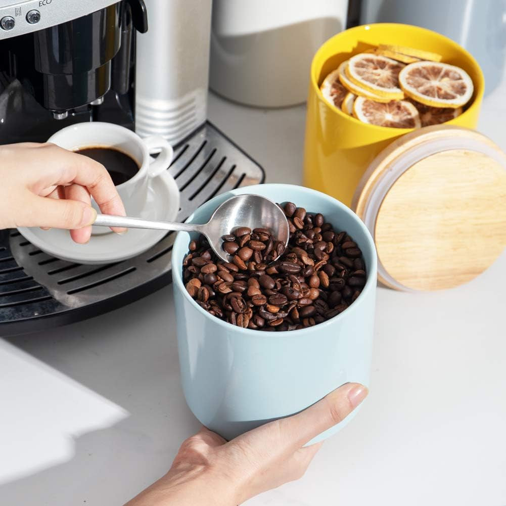 Kitchen Canisters Ceramic Food Storage Jar, Stackable Containers with Airtight Seal Wooden Lid for Serving Coffee Bean, Flour, Tea, Spice and More - 39 Fl Oz (Turquoise)