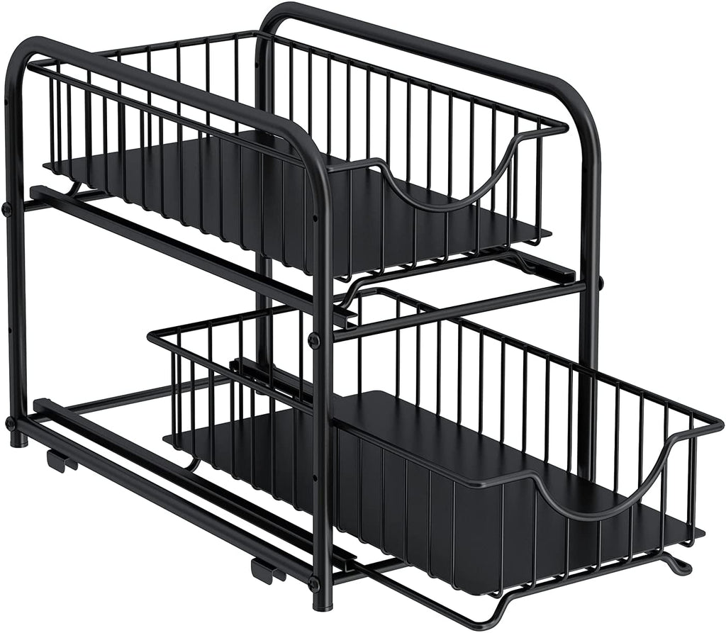 Pull-Out Cabinet Organizer, Stackable 2-Tier under Sink Rack, with Sliding Storage Drawer for Pantry, and Desktop, for Bathroom, Kitchen, Office, Black