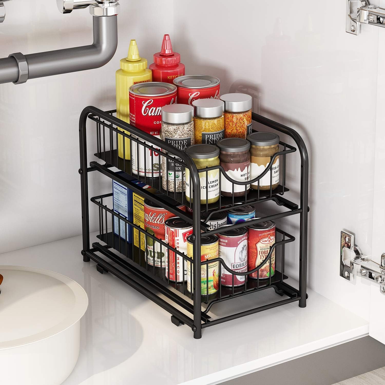 Pull-Out Cabinet Organizer, Stackable 2-Tier under Sink Rack, with Sliding Storage Drawer for Pantry, and Desktop, for Bathroom, Kitchen, Office, Black