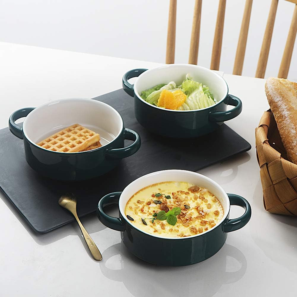 Ceramic Soup Bowls with Double Handles, 20 Oz Stacked Bowls for French Onion Soup, Cereal, Pot Pies, Stew, Chill, Pasta, Set of 4 (Jade)