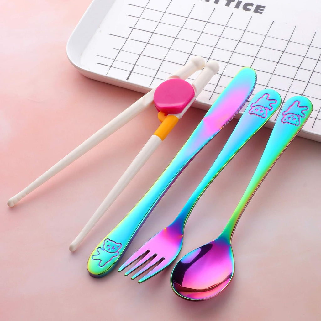 Kids Silverware,  Stainless Steel Children Flatware Set, Toddler Utensils Set of 4, Rainbow