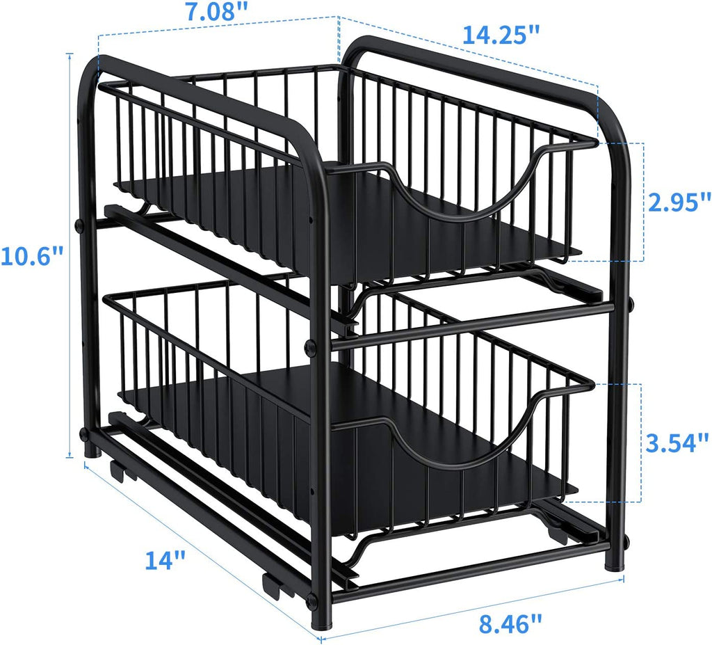 Pull-Out Cabinet Organizer, Stackable 2-Tier under Sink Rack, with Sliding Storage Drawer for Pantry, and Desktop, for Bathroom, Kitchen, Office, Black