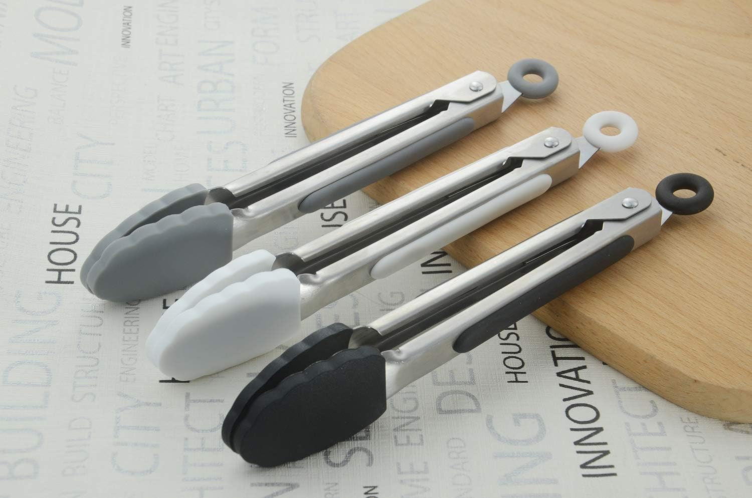 Small Silicone Tongs 7-Inch Mini Serving Tongs, Set of 3 (Black White Gray)