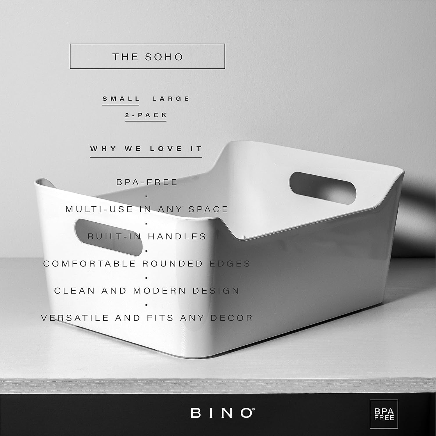 | Plastic Storage Bins, Large - 2 Pack, White | the SOHO COLLECTION | Pantry Organizers and Storage Containers Fridge Organizer Bins Kitchen Cabinet Organizer Medicine Cabinet Bin