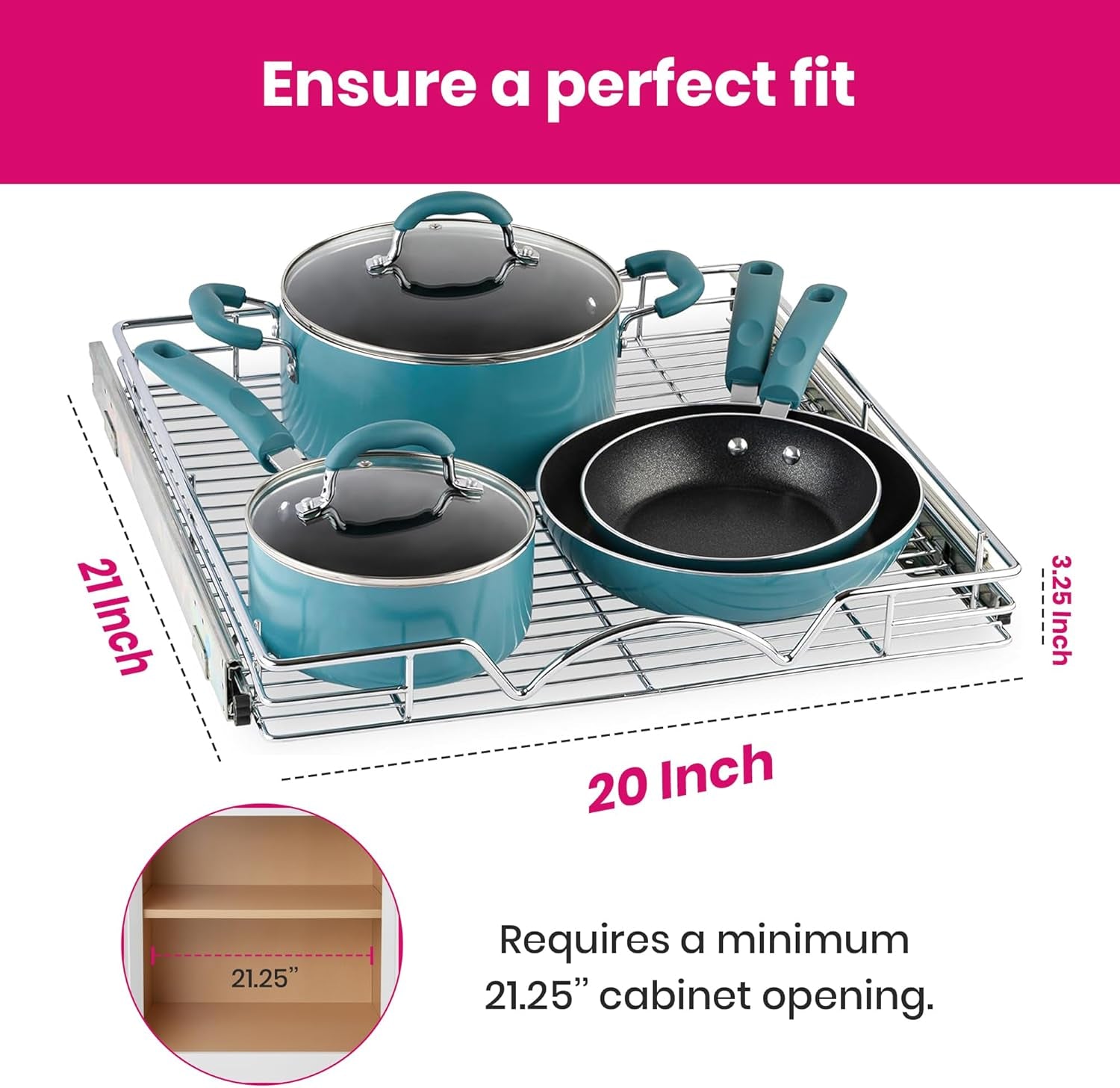 Pull Out Cabinet Organizer, Heavy Duty Caddy W/Lifetime Limited Warranty -20”W X 21”D - Requires at Least 21-1/4” Cabinet Opening, Steel Metal Cabinet Drawers Slide Out, Chrome