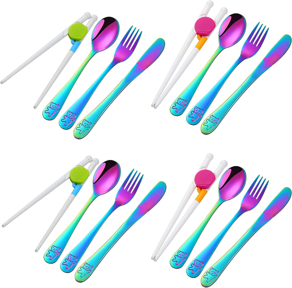 Kids Silverware,  Stainless Steel Children Flatware Set, Toddler Utensils Set of 4, Rainbow