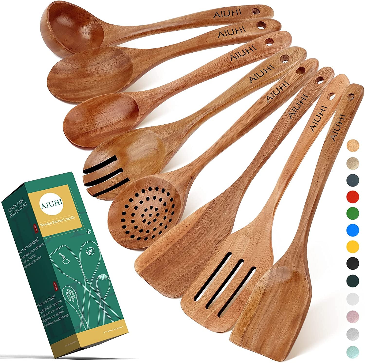 Wood Spoons for Cooking, Nonstick Kitchen Utensil Set, Wooden Spoons Cooking Utensil Set Non Scratch Natural Teak Wooden Utensils for Cooking (Teak 8 Pack)