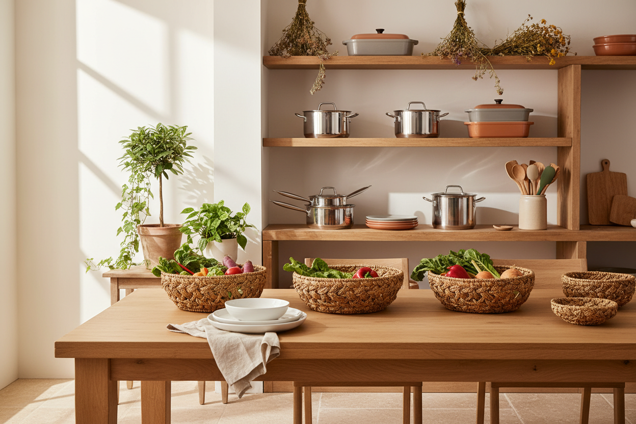 kitchen and dining tools cookware bakeware spoon spatula rattan bowl dining decor